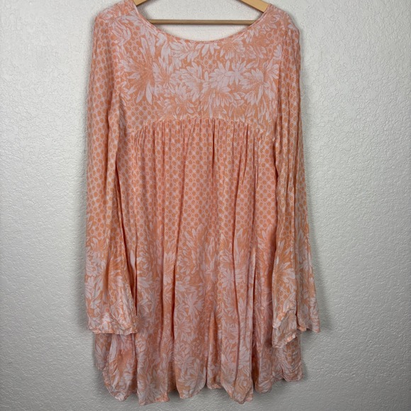Free People Women's Boho Peasant‎ Tunic SZ Medium Coral Pink Floral Flowy Resort - Picture 6 of 9